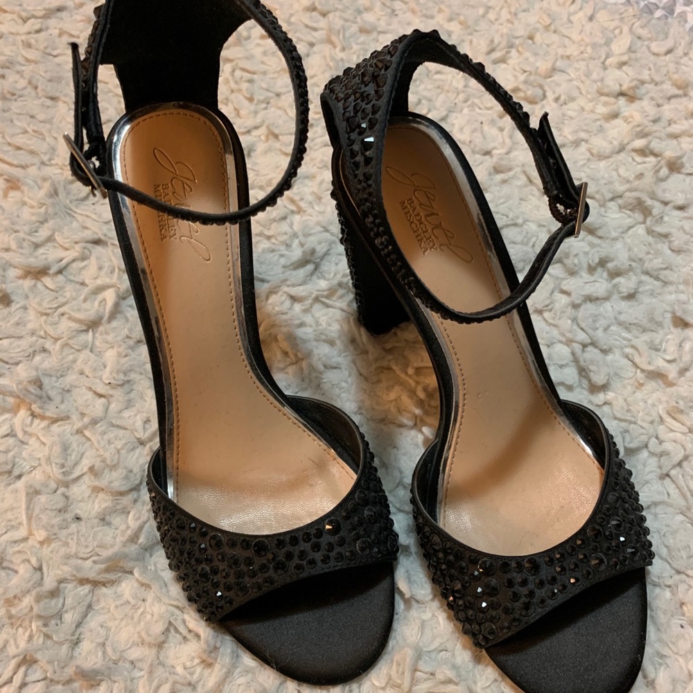 Badgley Mischka Jewel black crystal satin ankle strap block heels formal NWOT - Picture 4 of 8
